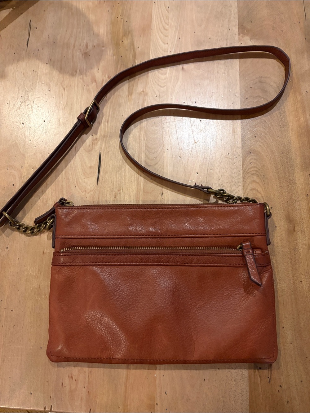 margot Chestnut Brown Leather Crossbody with Chain Accents